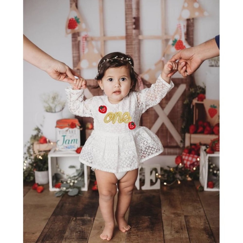 Strawberry White Lace Long Sleeve First Birthday Outfit Clothes Dress romper